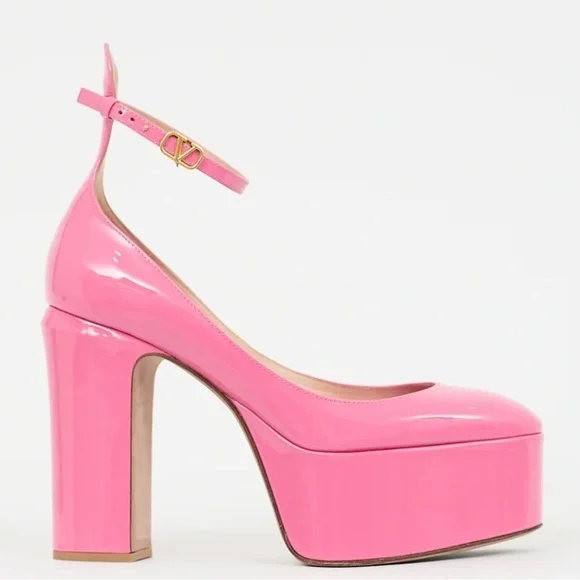 Valentino Tan-Go VLogo Pink Patent Leather Platform Block Heel Pumps - Picture 1 of 8